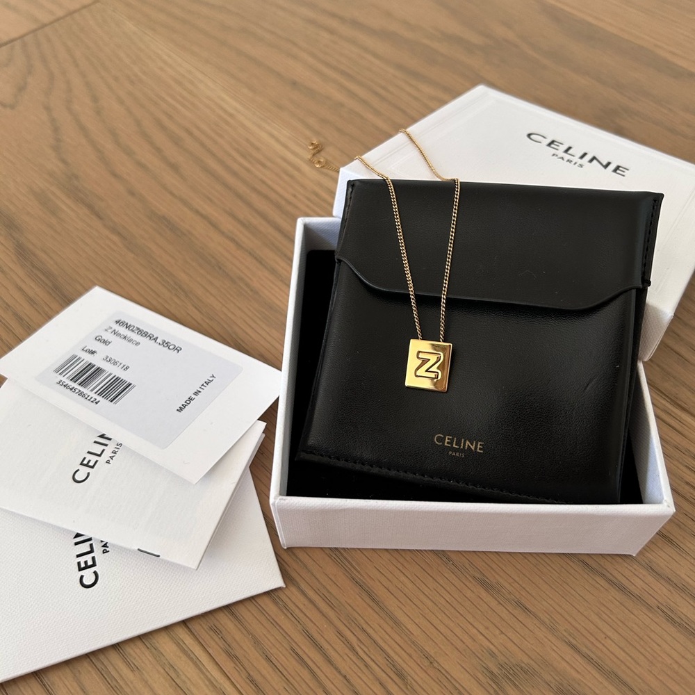 Celine Gold "Z" Letter Necklace with leather pouch